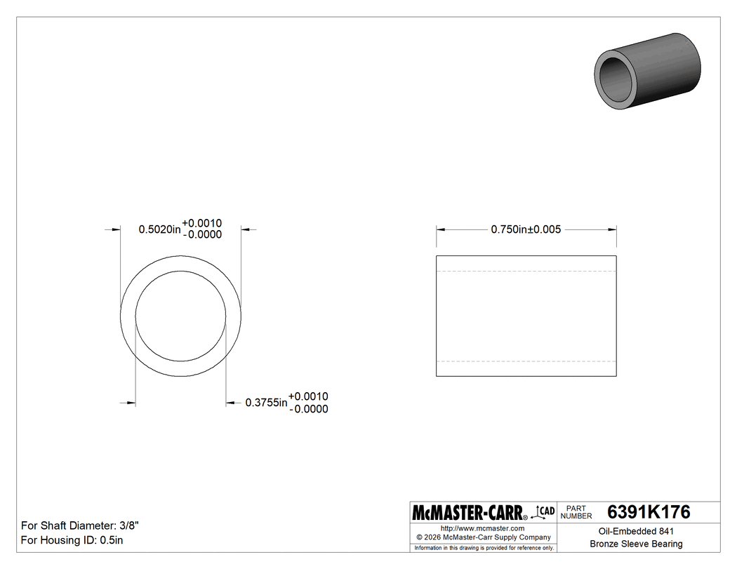 Technical Drawing of Oil-Embedded 841 Bronze Sleeve Bearing, for 3/8" Shaft Diameter and 1/2" Housing ID, 3/4" Long.